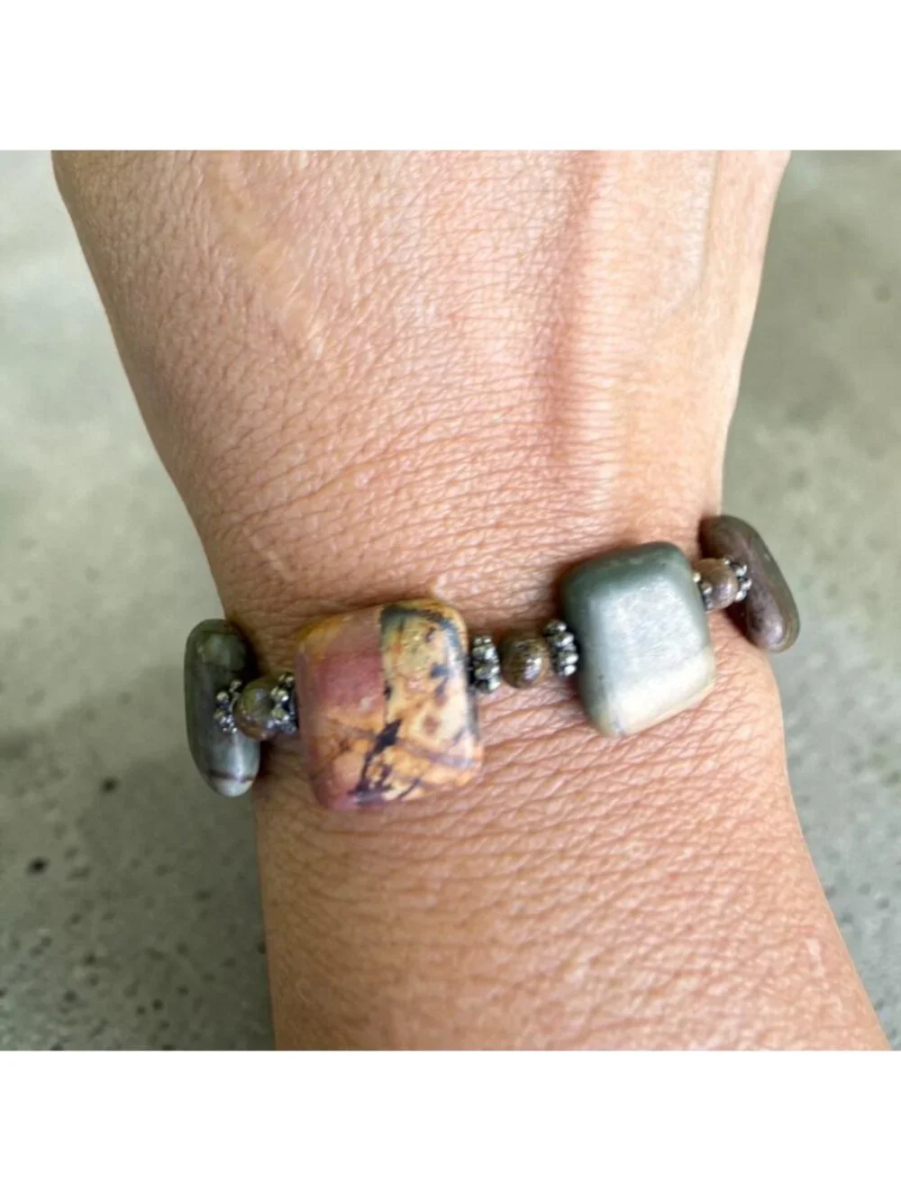 Vintage Jasper Stone Bracelet Earthy Square Beads W/ Toggle Clasp Handmade 7.5” - Picture 6 of 8